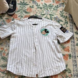 Disney Adults White Pinstripe Baseball Shirt with Mickey Patch